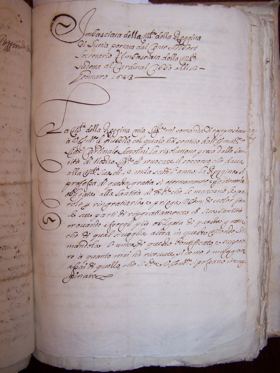 Lettera del gennaio 1643 (qui solo la prima pagina) con una "Ambasciata della Reggina di Svetia..."